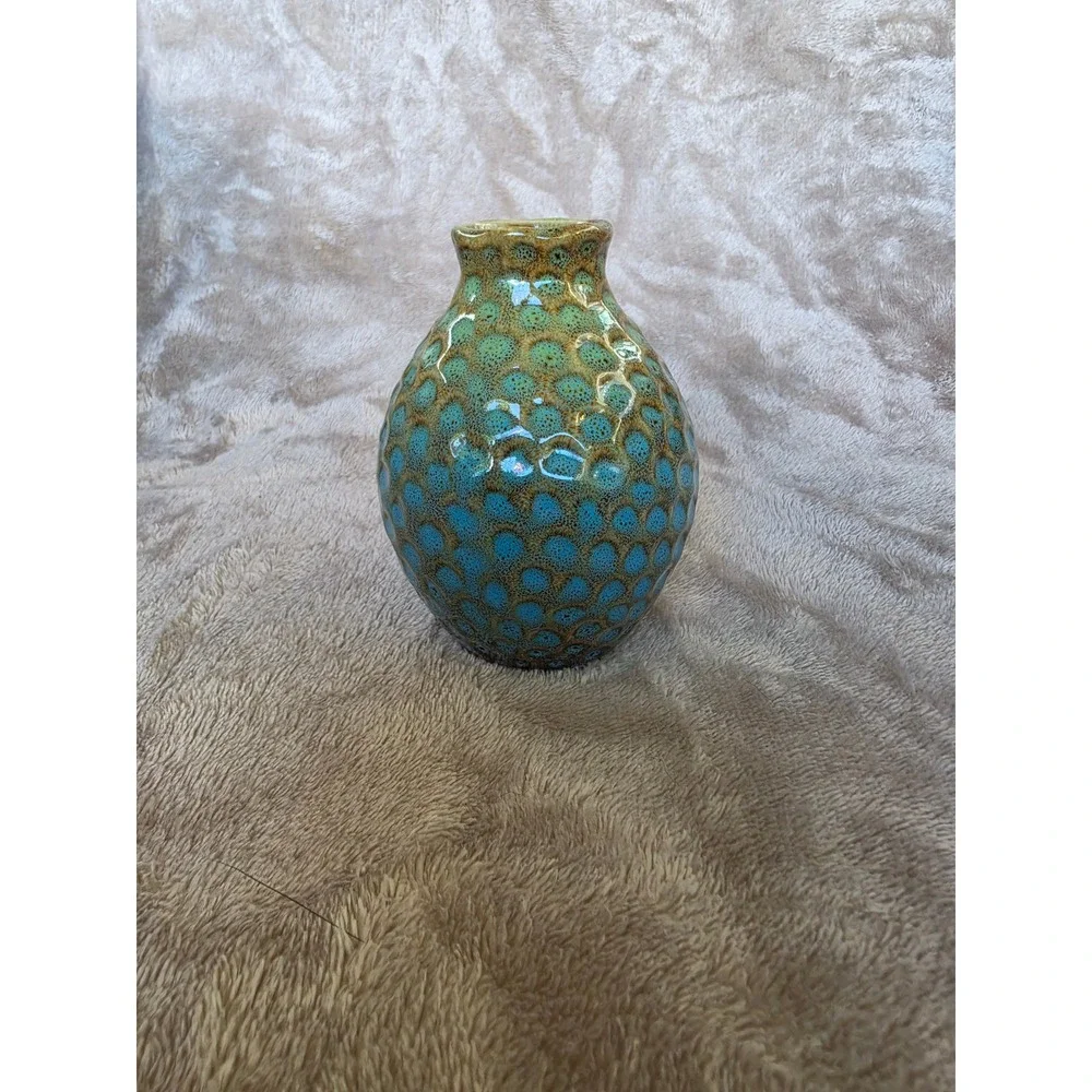 Mini Peacock Ceramic Bud Vase Honeycomb Reactive Glaze Pottery 4.5